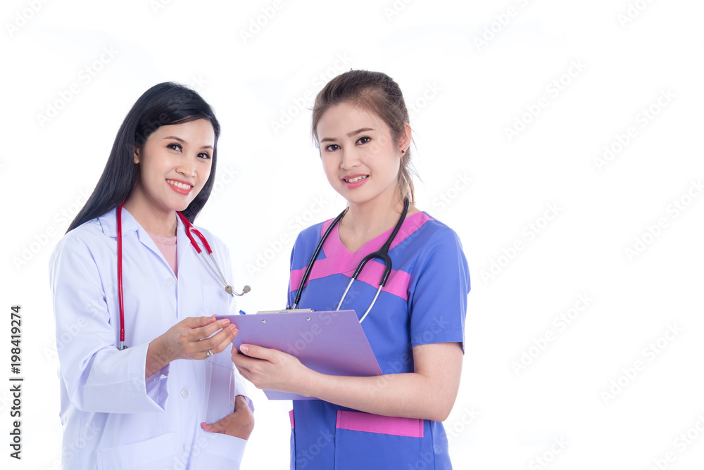 Beautiful Asian doctor and nurse, meadical team smiling at camera over white background Beautiful Asian doctor and nurse, meadical team smiling at camera over white background