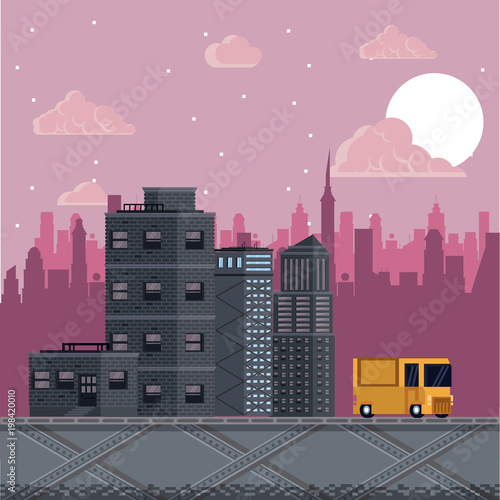 Pixelated urban videogame scenery vector illustration graphic design