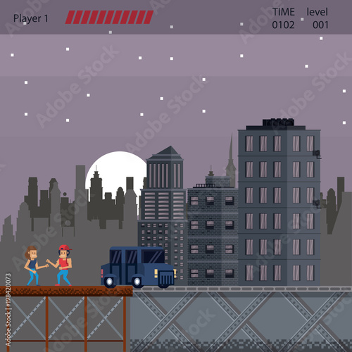 Pixelated urban videogame scenery for fight vector illustration graphic design