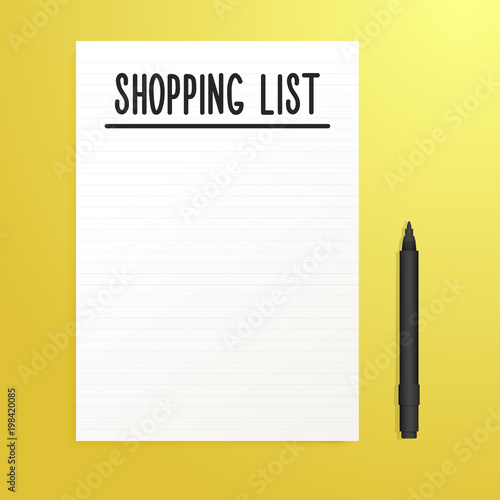 Empty Shopping List page with black pen and yellow Background. Vector illustration template with copy space