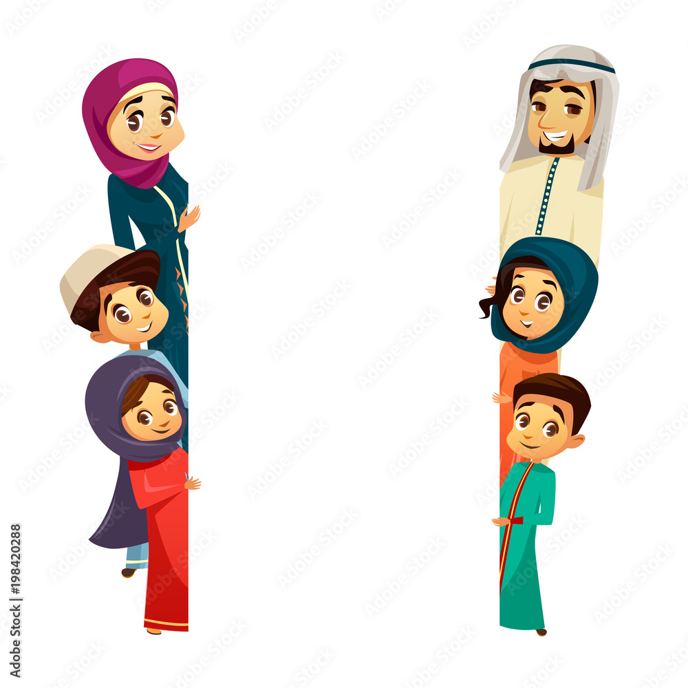 Vector cartoon arab khaliji family characters peeping from behind empty  blank space White paper muslim poster background template. Saudi emirates  man woman parents boy girl kid. National hijab people Stock Vector |