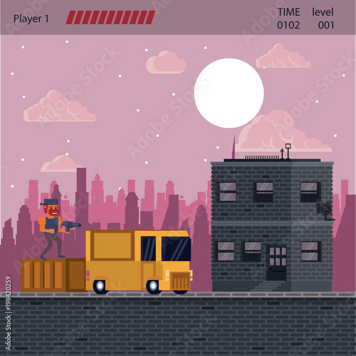 Pixelated urban videogame scenery for fight vector illustration graphic design