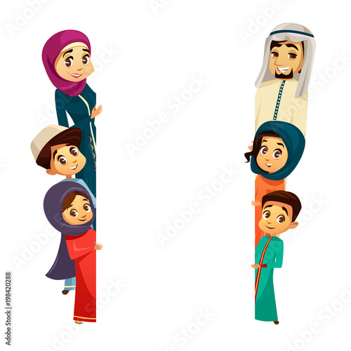 Vector cartoon arab khaliji family characters peeping from behind empty blank space White paper muslim poster background template. Saudi emirates man woman parents boy girl kid. National hijab people