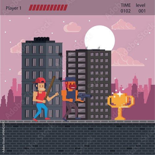 Pixelated urban videogame scenery for fight vector illustration graphic design