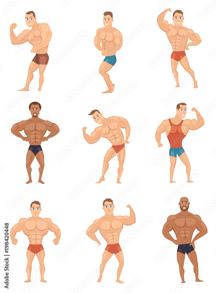 Set of bodybuilder, strong man cartoon character in different poses, vector illustration Stock Vector | Adobe Stock Set of bodybuilder, strong man cartoon character in different poses, vector illustration Stock Vector | Adobe Stock