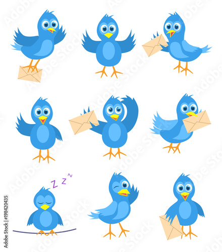 Set of blue bird mail delivery  vector illustration