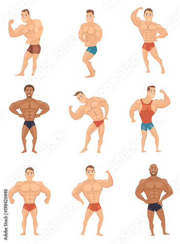 Set of bodybuilder, strong man cartoon character in different poses, vector illustration