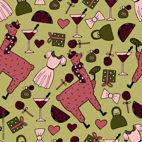 Cute hand-drawn seamless pattern of a lama-artist with the palette. Hand-drawn gentle pictures.