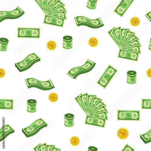 Dollar coins, bills and bundles pattern, vector illustration