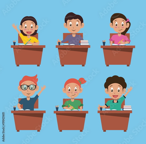 Kids students seated at desk collection cartoon vector illustration graphic design