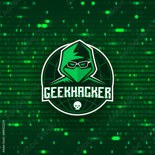 Geek Hacker logo template. Green symbol of digital thief. Hacker icon isolated on binary code background. Vector illustration.