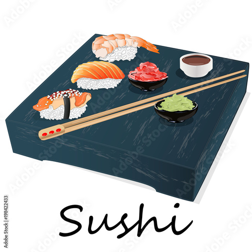 Illustration of roll sushi with salmon, prawn, avocado, cream cheese. Sushi menu. Japanese food isolated.