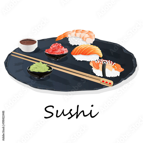 Illustration of roll sushi with salmon, prawn, avocado, cream cheese. Sushi menu. Japanese food isolated.