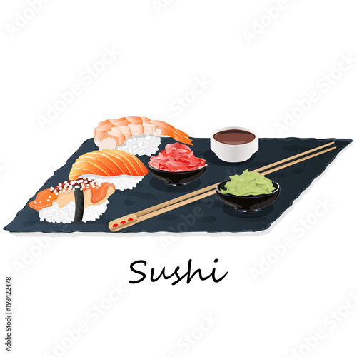 Illustration of roll sushi with salmon, prawn, avocado, cream cheese. Sushi menu. Japanese food isolated.