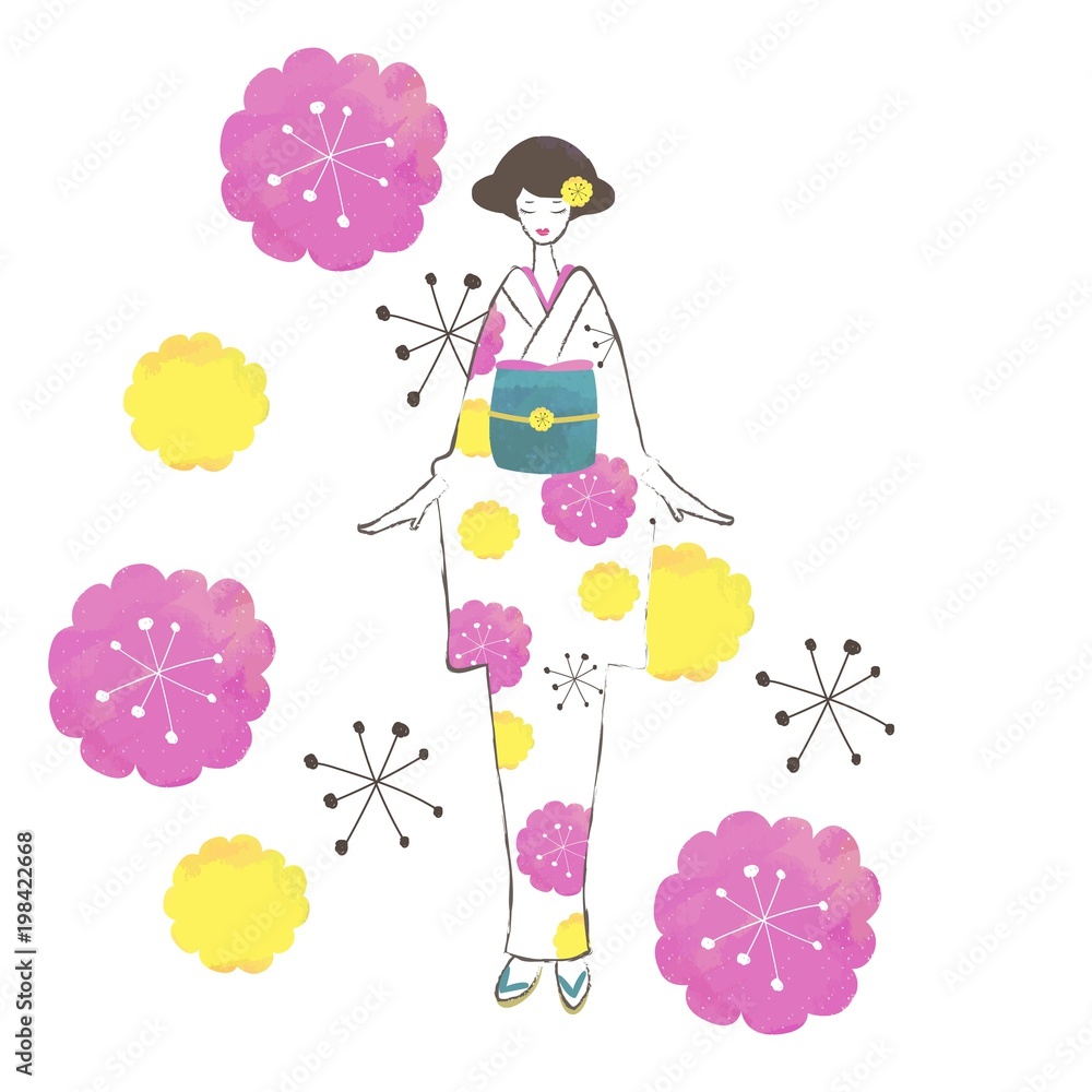 Vettoriale Stock レトロモダン花柄の着物の女の子の水彩タッチ手描き風イラスト 白地に黄色とピンクの花模様 Adobe Stock