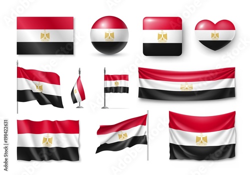 Set Egypt flags, banners, banners, symbols, flat icon. Vector illustration of collection of national symbols on various objects and state signs