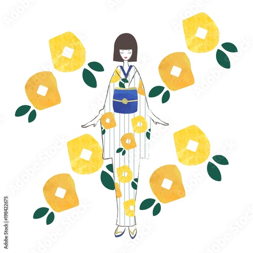 レトロモダン花柄の着物の女の子二人組の水彩タッチ手描き風イラスト。