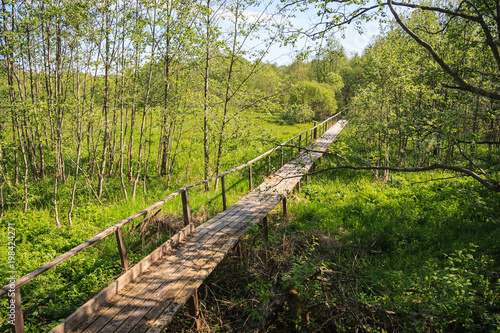 Wooden walkways lead to the beginning of the Volga River
