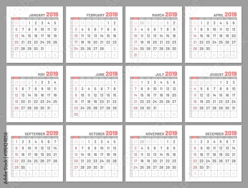 Set identical light mini calendars, 2019, months, flat. Diary for notes, scheduling, marks of important dates and events in red color. Vector illustration of menologies collection