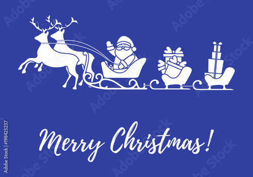 Santa Claus with Christmas presents in sleighs with reindeers. New Year and Christmas illustration.