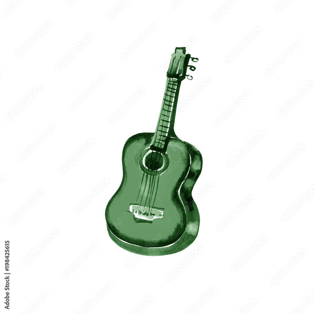 Acoustic guitar watercolor illustration green on white background