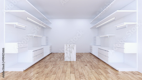 Modern minimalist  walk in closet with white wardrobe interior design,empty room ,wood floor and  white wall ,3d rendering © LEKSTOCK 3D