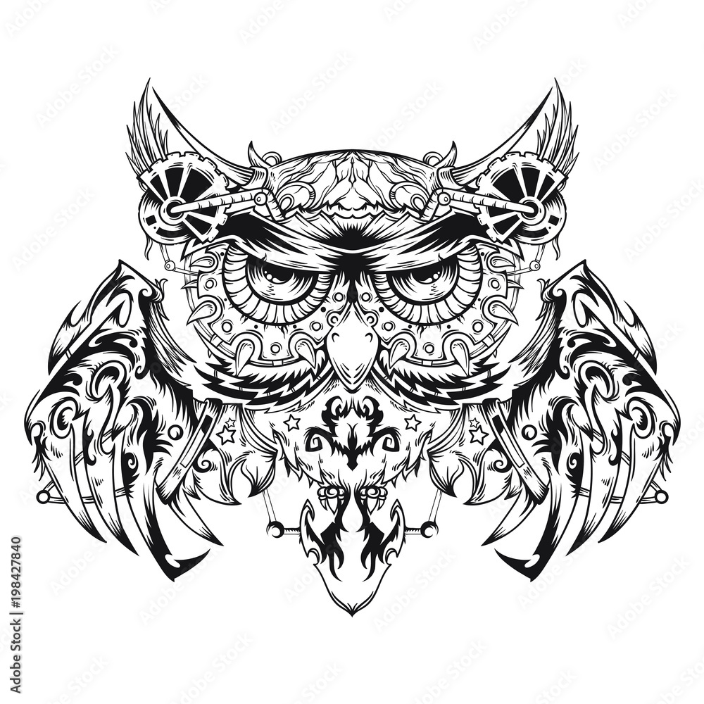 Robotic Owl, mechanical owl, black metal, vector illustration isolated on  white background Stock Vector