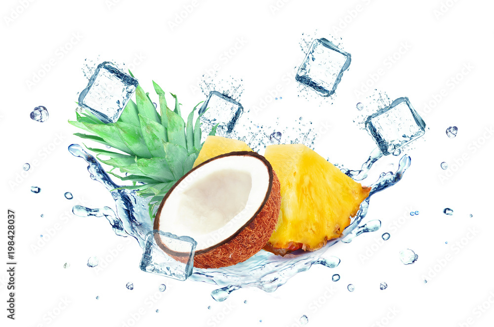 coconut and pineapple splashing water and ice cubes isolated on white ...