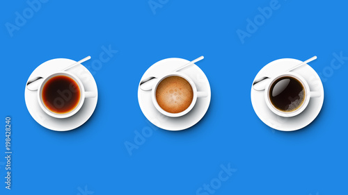 Realistic Vector Perfect Cups of Coffee And Tea. Americano, Espresso, Black Coffee. Isolated On Blue Background Modern Illustration
