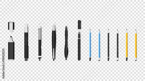 Realistic Writing Materials Isolated Vector Objects. Pen, Pencil, Marker And Textliner