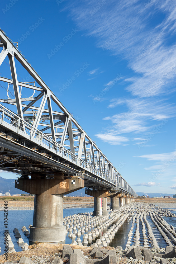 Fototapeta premium 富士川河川敷から見る新幹線富士川鉄橋の風景