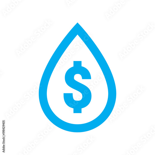 Water cost and save icon. Blue dollar symbol in water drop sign isolated on white background. Vector illustration.