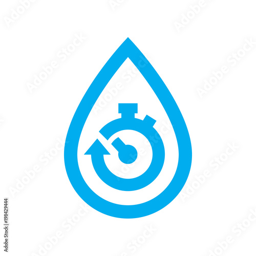 Limit water use icon. Blue stopwatch in water drop symbol isolated on white background. Vector illustration.