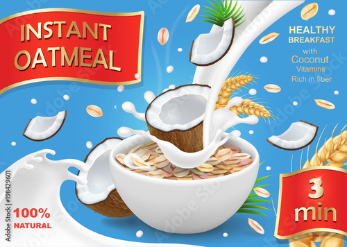 Oatmeal muesli with coconut and milk splash. Instant oats advertising design
