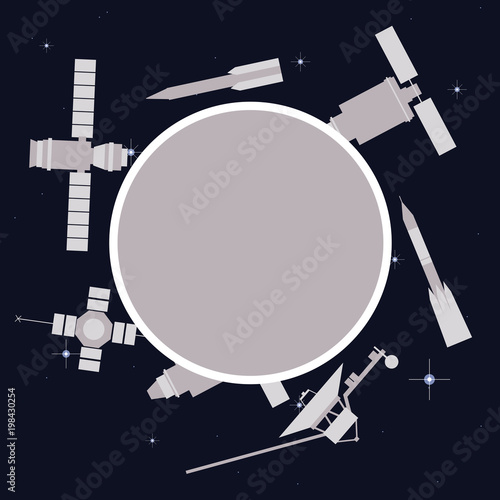 Satellites and rockets in space. Vector frame.