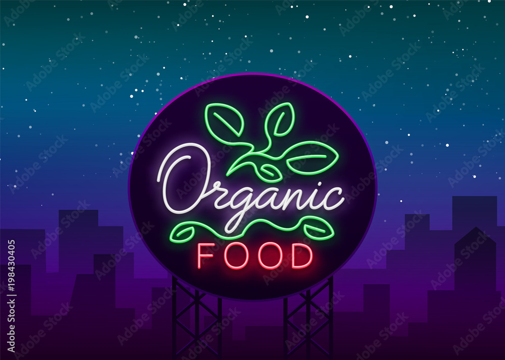 Plakat Vegan logo in neon style. Neon symbol, bright luminous sign, neon night advertising on the theme of Vegetarian food, healthy organical food, vegetables, fruits, vegetarian cafes. Vector illustration