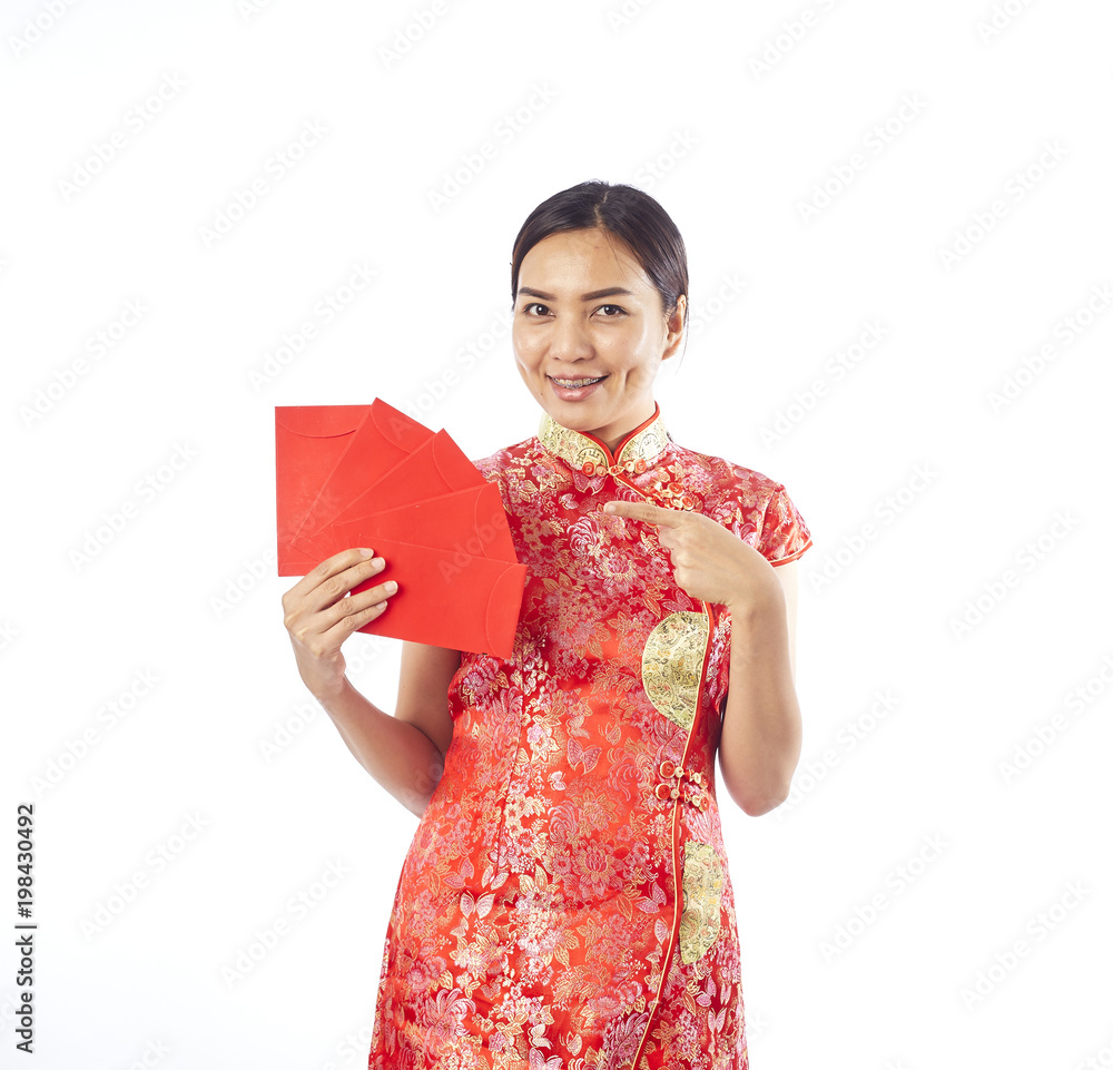 chinese new year woman holding red envelope chinese new year woman holding red envelope