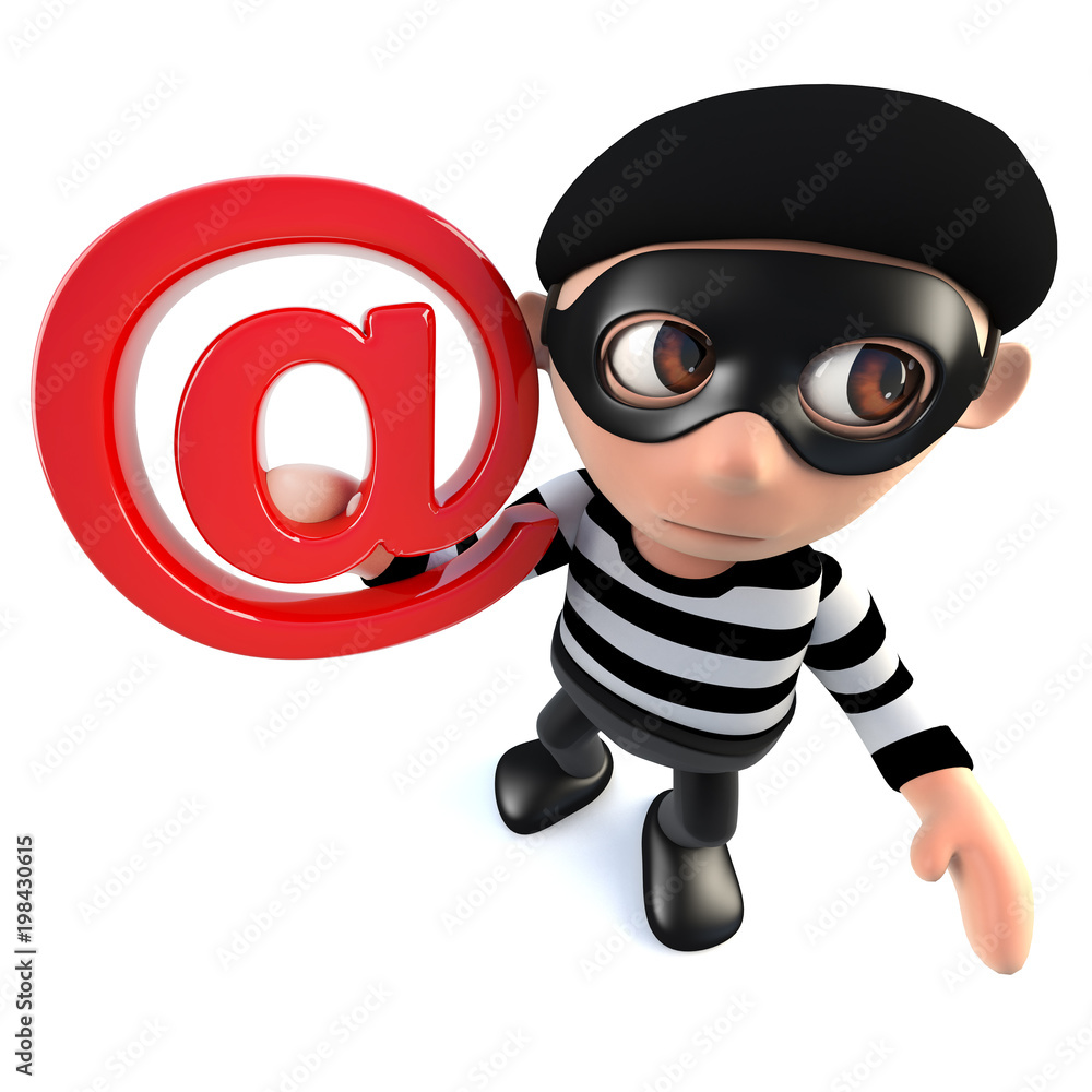 3d Funny cartoon burglar thief character holding an email address symbol