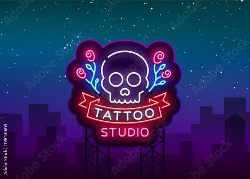 Tattoo salon logo vector. Neon sign, a symbol of a skull with roses, a bright luminous billboard, a night banner, neon bright advertising on a theme of a tattoo, for a tattoo of a salon, a studio