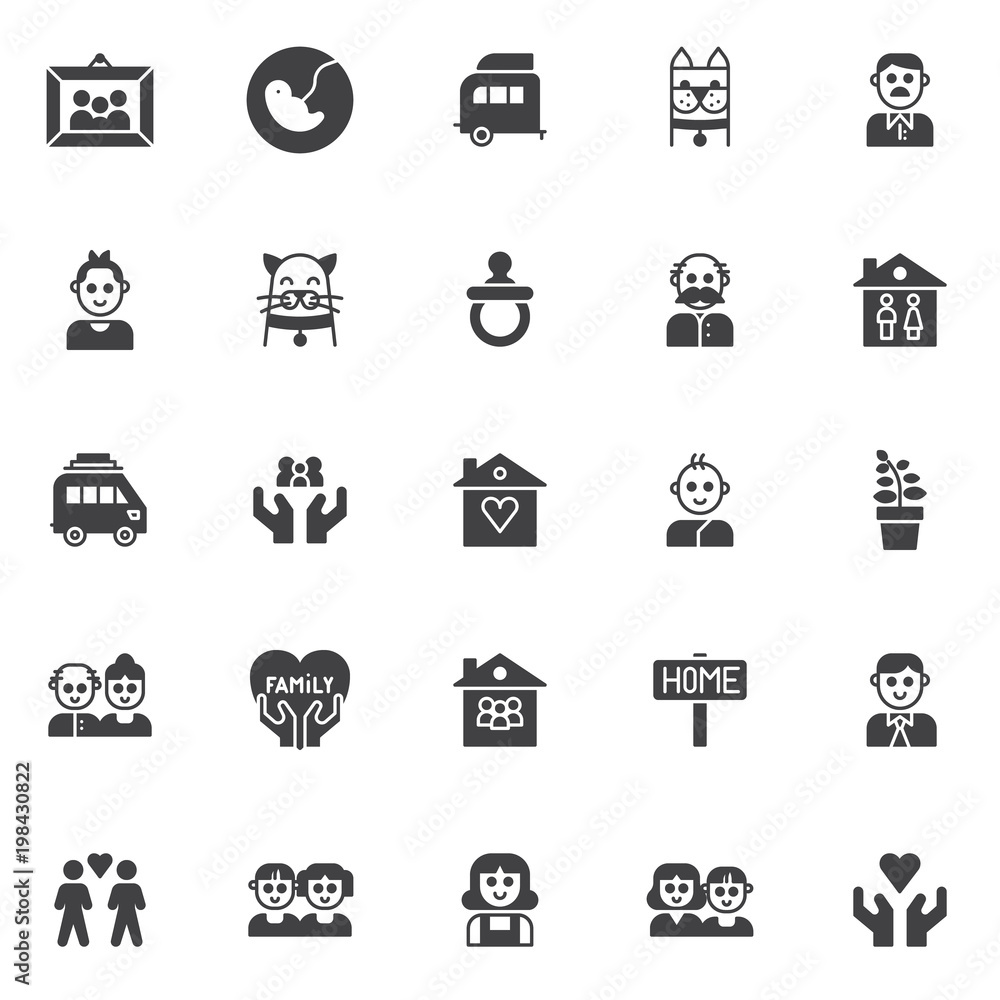 Family members vector icons set, modern solid symbol collection, filled style pictogram pack. Signs, logo illustration. Set includes icons as picture in photo frame, pregnancy, caravan trailer home Family members vector icons set, modern solid symbol collection, filled style pictogram pack. Signs, logo illustration. Set includes icons as picture in photo frame, pregnancy, caravan trailer home