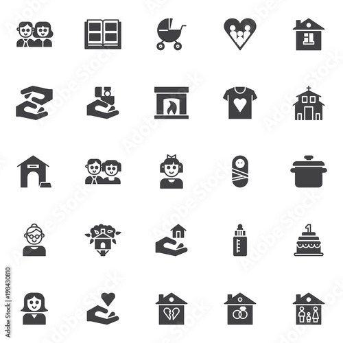 Family vector icons set, modern solid symbol collection, filled style pictogram pack. Signs logo illustration. Set includes icons as couple person, photo album, baby carriages pram, house
