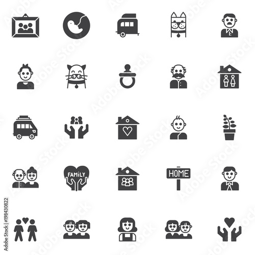 Family members vector icons set, modern solid symbol collection, filled style pictogram pack. Signs, logo illustration. Set includes icons as picture in photo frame, pregnancy, caravan trailer home