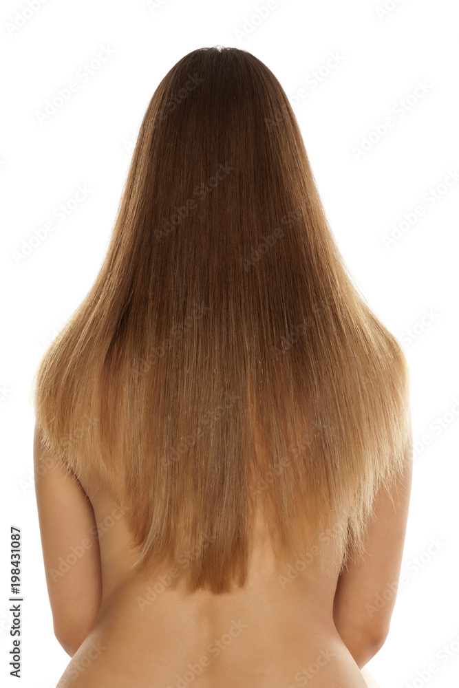 back look on a nice long straight women's hair on white baclground back look on a nice long straight women's hair on white baclground