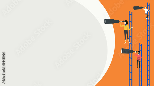 Business vision concept Businessman climb holding looking trough telescope forward standing on stair Future success competition goal Direction development Flat style info graphic Cartoon vector