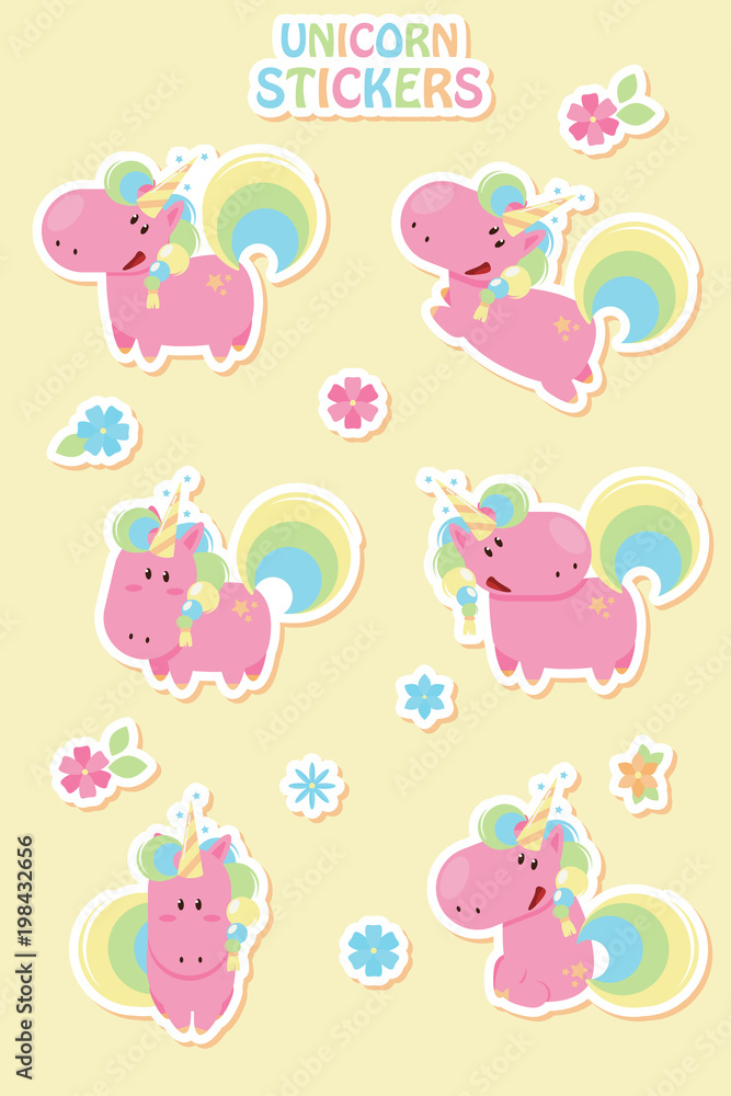 Collection cartoon unicorn stickers. Unicorns made in flat design style