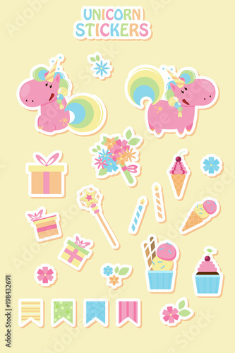 Collection cartoon unicorn stickers for birthday party. Flat design style