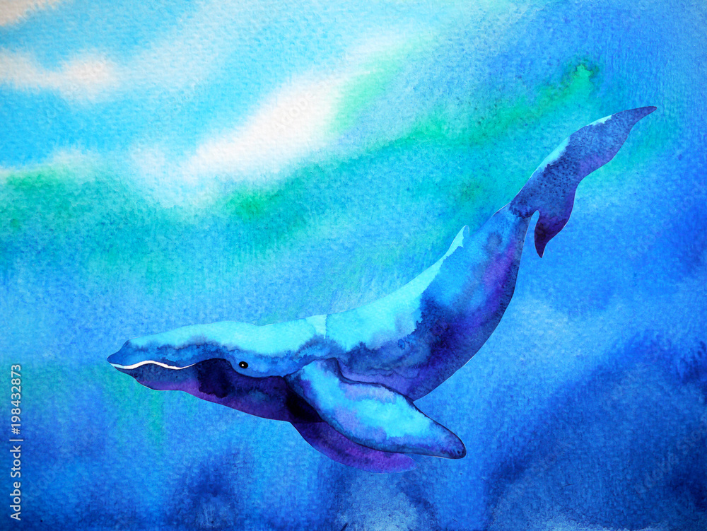 Fototapeta premium big whale diving swimming in deep blue ocean sea watercolor painting illustration design hand drawn