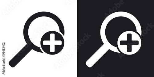 Vector magnifier icon with plus sign. Two-tone version on black and white background