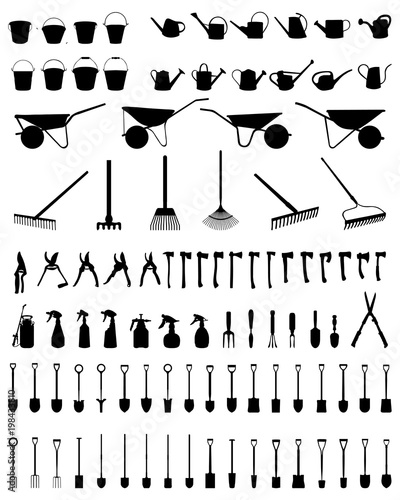 Black silhouettes of garden tools on a white background
