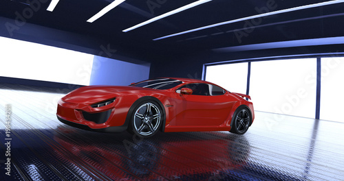 Luxury concept sports car 3d model in a showroom. Reflections all around.